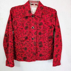 CHRISTOPHER & BANKS JEAN STYLE SHORT RED BLACK 3/4 LENGTH SLEEVE JACKET SIZE M